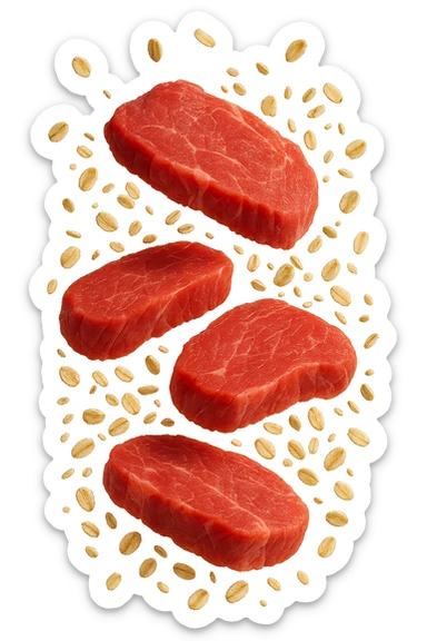 FETTINE DI CARNE FLUTTUANO IN ARIA INSIEME A FIOCCHI DI AVENA, IPERREALISTICO 4K sticker