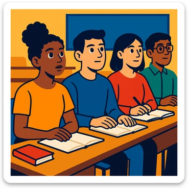 four diverse students sitting attentively following a university course, modern illustrative style, academic atmosphere sticker