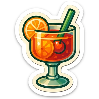 A cocktail in retro stickers style, with a vintage glass and colorful ingredients sticker