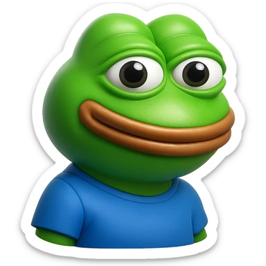 pepe in
- 3d style
- bright green
- blue shirt
- smiling
- looking straight at the camera
- good highlights and shadows
- 30deg angled towards the right
- 20% inset padding
- nice rounded cut off at the bottom sticker