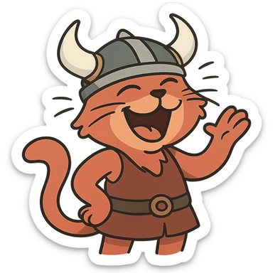a laughing red viking cat cartoon style with a horned helmet and a big smile sticker