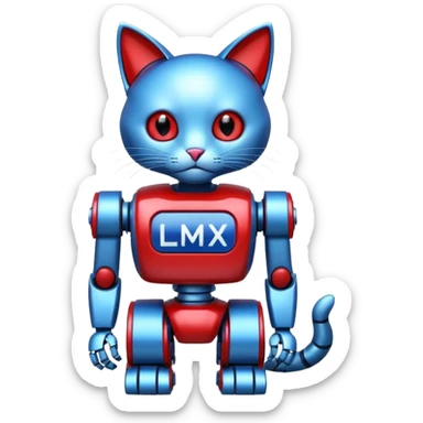 generate robot cat, glossy, realstic, red and blue color, add text on chest "LMX" sticker