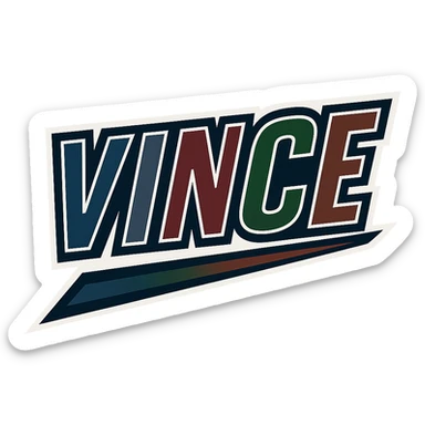 Vince name in masculine, modern, gradient font with precise Hungarian characters, dark contour, extra wide and prominent white letter frame as in sample images, dynamic slanted underline, masculine color shades (blue, gray, burgundy, green, brown), 1000x1000 px, PNG, transparent background sticker