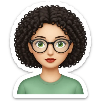 iranian woman, tight curly hair, glasses, green eyes, pretty, oval shape face sticker