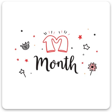 A cute pastel celebration design with sparkles and hearts, featuring "1 Month" in elegant handwriting, surrounded by friendship symbols like stars, pinky promise hands, smiling faces, and flowers. Warm and magical like a scrapbook memory collage for celebrating friendship. sticker
