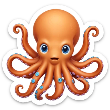 Cinematic Cute Octopus Portrait Emoji, Head tilted playfully and inquisitively, featuring a rounded, light orange body embellished with playful blue rings, eight adorably curling arms, and big, twinkling eyes full of wonder, Simplified yet irresistibly adorable features, highly detailed, glowing with a warm, inviting underwater glow, high shine, affectionate and lively, stylized with a touch of whimsical cartoon charm, soft glowing outline, capturing the essence of a mischievous yet loving octopus that seems as if it could bob out of the screen into your arms! sticker