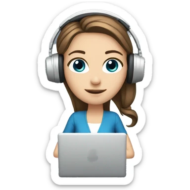 white girl at desk, brown hair, ponytail, blue eyes, computer, headphones sticker