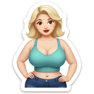 woman with voluptuous body, wearing trendy clothes, cheerful face sticker