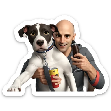 bald boy with dog and drink sticker