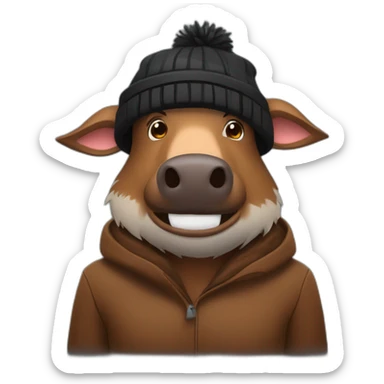 fullface brown boar tired of life with stubble with a winter hat black color sticker
