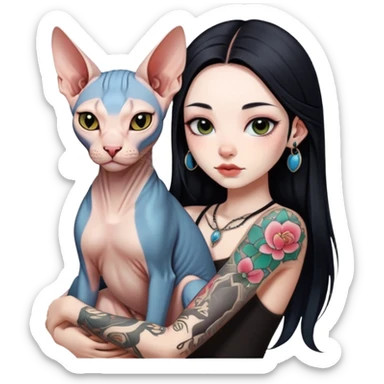 a Chinese girl with long black  straight hair and tattoos and Sphynx sticker