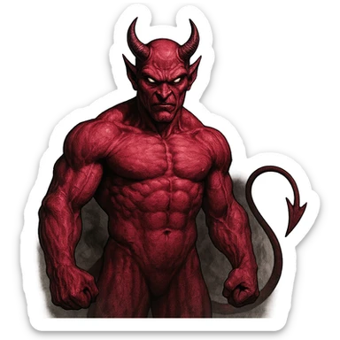 scary pink devil with smoky background, pointed tail, muscular body, threatening gaze sticker
