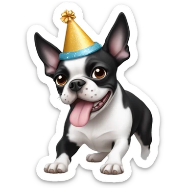 Boston Terrier Dog Black White wearing Birthday hat sticker