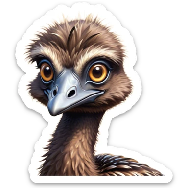 Cinematic Cute Emu Portrait Emoji, Head tilted playfully and inquisitively, featuring a glossy, textured brown plumage with a perky head and round, sparkling eyes full of curious wonder, Simplified yet irresistibly adorable features, highly detailed, glowing with a warm, friendly glow, high shine, affectionate and lively, stylized with a touch of outback whimsy, bright and endearing, soft glowing outline, capturing the essence of a mischievous yet loving emu, so playful it feels like it could gallop out of the screen into your arms! sticker