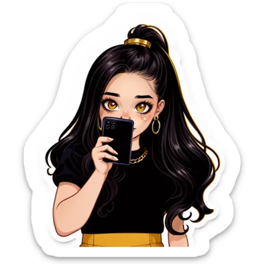 Beautiful young girl with dark choppy long hair flows as she holds her black phone with a gold septum ring that shines  sticker