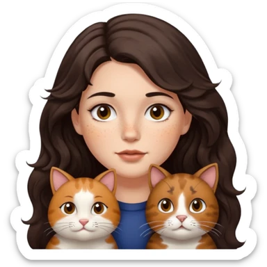 Uzun koyu kahverengi dalgalı saçlı, çenesinde beni olan ve yüzünde biraz çiller olan, iri koyu kahverengi bol kirpikli gözlü sevimli bir yüzü katlı kesim bir saçı olan kadın yap yanına da kilolu kahverengi bir kedi yap sticker