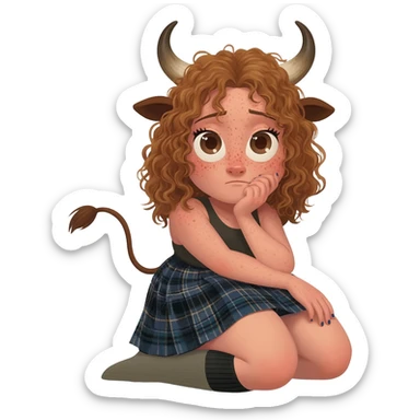 shy buff curly woman with frecles with light brown messy hair touches her long brown cow tail with both hands with strong fat thights with cow horns and cow brown ears with big butt in a short scottish kilt and with knee socks and shoes crossed legs very shy expression sticker
