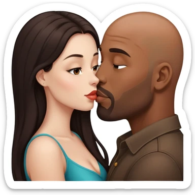 Beautiful woman with long dark hair, kissing a brown bald man sticker