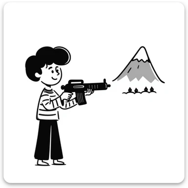 Hand drawn little guy with a toy gun shooting at a mountain with tiny goons sticker