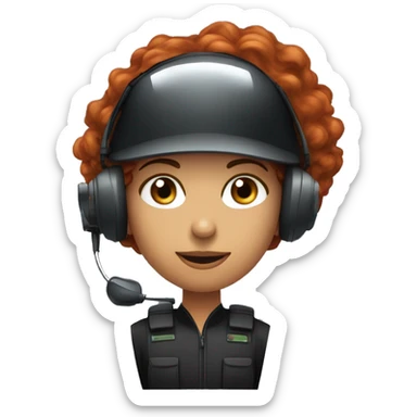 operator dressed in black with a milatary helmet, without glasses, wearing a headset, ready to respond to alerts, preferably curly redhead female  sticker