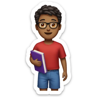 a brown boy in a red and black shirt, blue shorts, wearing sandals, short hair and black glasses, holding a purple book sticker