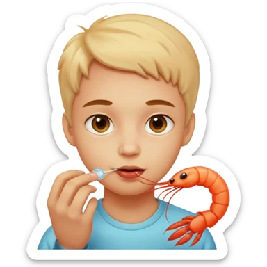 Emoji-style person tasting a weird-looking shrimp, curious expression, cute rounded face, soft shading sticker
