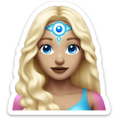 magical diva with thin pink andromedan face long blonde hair and blue eyes glowing third eye sticker
