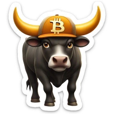 Bull ready to charge wearing bitcoin hat sticker