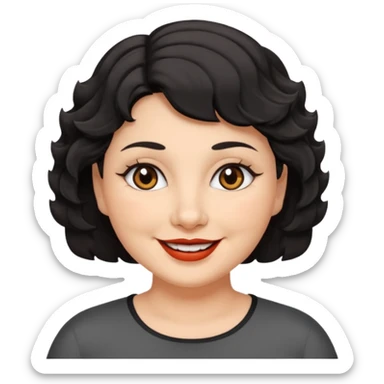 woman 60, brown eyes, very short black wavy wolf cut hair, chubby smile sticker