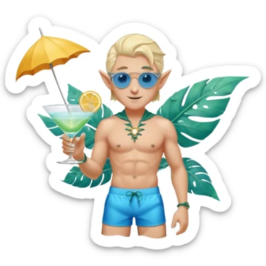 elf male legolas in stylish blue swim trunks, palm extended over cocktail glass, conjuring swirling frost and mist to chill it, silver aviator sunglasses, pointy ears, confident smirk, minimalist beach bar backdrop, centered emoji, summer magic sticker