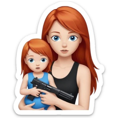A red head with long straight hair, she has blue eyes with big boobs. She’s wearing a black tank top and holding a gun up in one hand and a baby boy with blue eyes sucking on one of her boobs in the other arm sticker