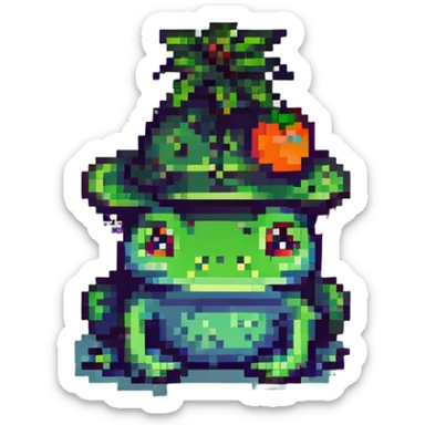 pixel art frog with a persimmon leaf hat, playful and whimsical sticker