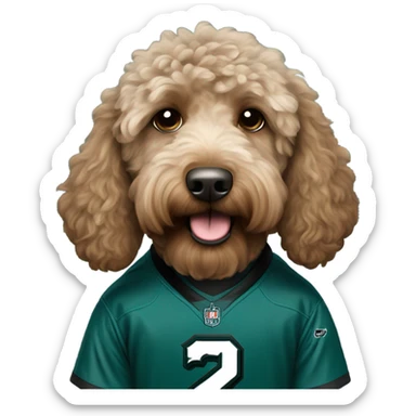 Light Brown Labradoodle wearing a Philadelphia eagles jersey sticker