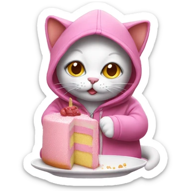 pink cat with hoodie eating cake sticker