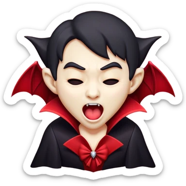 Cinematic Cute Yawning Vampire Portrait Emoji, with a small, rounded, charming pale face accented with tiny playful fangs and droopy, half-closed eyes, head tilted in an adorable wide yawn, dressed in miniature elegant dark attire with a hint of crimson, simplified yet irresistibly endearing, highly detailed with a soft, mysterious glow and gentle outline that captures the cute, drowsy side of an immortal! sticker