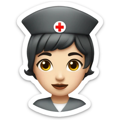 pixie cut black straight hair female nurse  hat with red cross sign in the middle wearing dress
pale skin color sticker