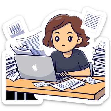 tired woman at a desk with a MacBook, surrounded by messy papers, emphasizing disorganization sticker