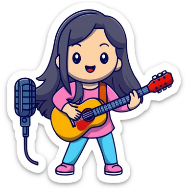 girl with long straight hair singing with microphone and guitar sticker