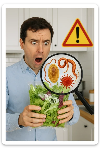 a man holds a bag of salad with both hands, his face frozen in shock as he looks at the contents. Inside the bag, exaggerated but realistic depictions of parasites and bacteria are visible, some highlighted with a magnifying glass overlay. The background is a clean kitchen, and a warning sign appears in the corner to reinforce the message about food safety. sticker