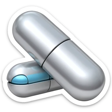 capsule pill emoji, metallic silver halves, smooth glossy finish, futuristic pharmaceutical 3D icon, isolated on white sticker