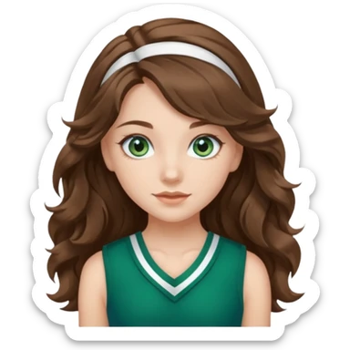 A pretty girl with blue eyes, brown long wavy hair, qnd wear green Hawkins cheerleader uniform sticker