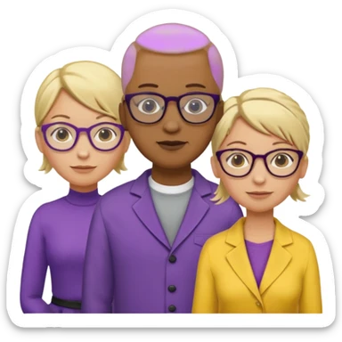 FIVE person team; 2 men and 3 women.  All dressed in yellow or purple.  2 caucasian women have blonde and 1 has ash blonde hair tied up.  1 man is African-american and bald, 1 man is caucasian and very little hair left.  All have glasses sticker