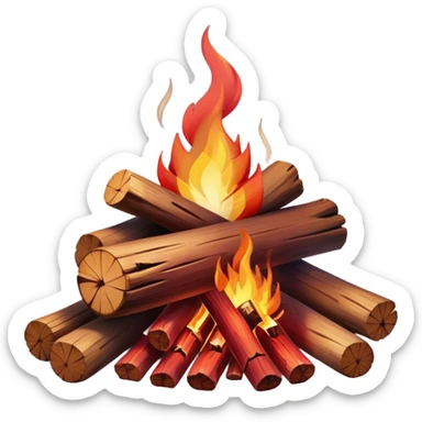 Cinematic Realistic Campfire, a roaring flame crackling atop carefully arranged logs, embers glowing deep red, golden light casting soft flickering shadows, gentle smoke drifting upwards, glowing with warmth and coziness. sticker