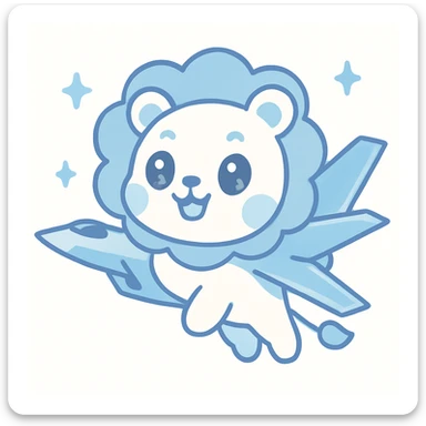 A whimsical lion character reminiscent of Nyan Cat with F-35 fighter jet wings, blue and white color scheme, soaring upward, playful and energetic style sticker