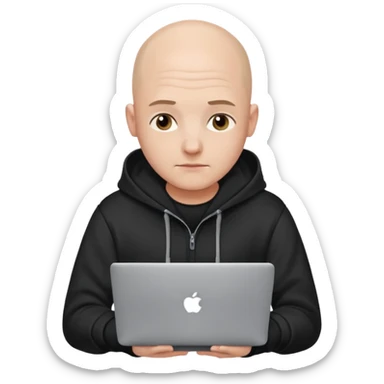 bald young programmer with MacBook wears hoodie  no scalp wrinkle sticker