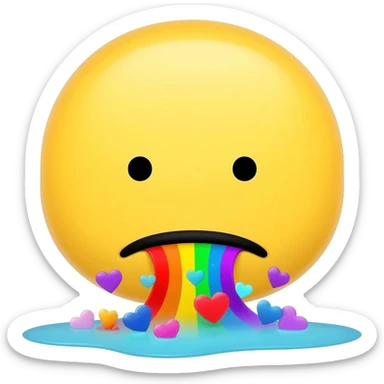 Standard yellow Smiley face, not looking happy, spitting out a rainbow with hearts into a little puddle sticker