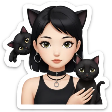 Asian girl, black hair.  Holding two BLACK cats with one cat has a round fat face. Both pure black.  The girl also wearing a black singlet, a black chocker, silver round hook earring, and wearing eyeliner.  sticker