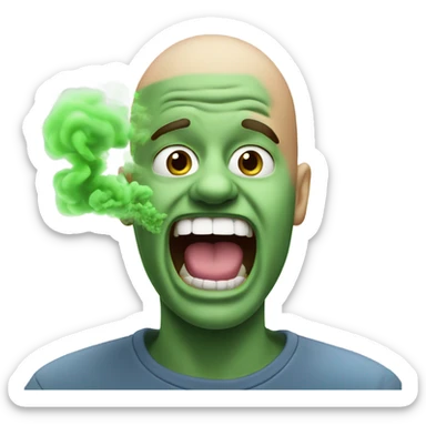 Smelly breath bald man mouth wide open green smoke coming out sticker