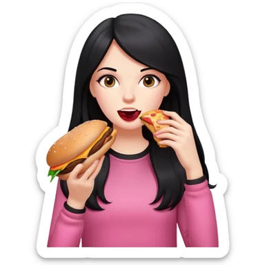 White girl in pink clothes and long black hair eating burger and pizza sticker