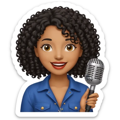 brown skin woman, curly black hair, singer, hold micro sticker